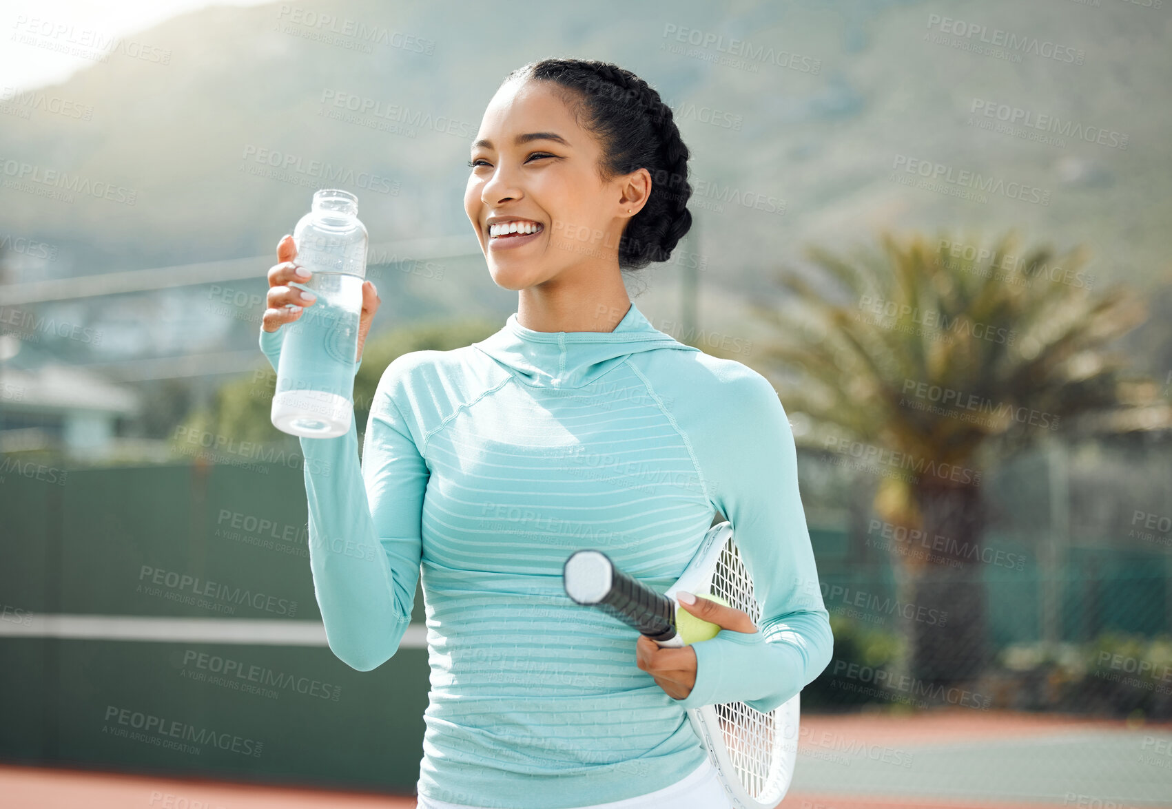 Buy stock photo Woman, happy and water on court for tennis, exercise and playing game with racket, ball and bottle. Athlete, thirsty and smile for workout, training and club competition with hydration and resilience