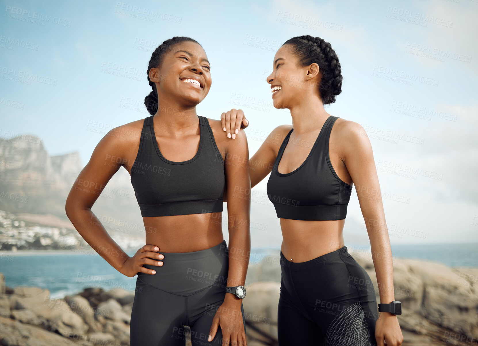 Buy stock photo Fitness friends laugh at beach, women workout together with happiness and active lifestyle outdoor. Exercise in nature, healthy and happy with female people have funny conversation while training