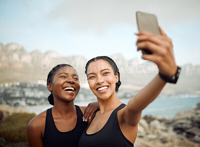 Buy stock photo Fitness friends laugh in selfie at beach, women workout together with happiness and active life outdoor. Exercise in nature, healthy and happy with female people training and smile in picture or post