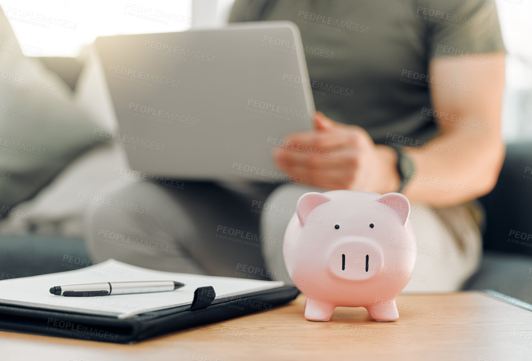 Buy stock photo Savings, piggy bank or person on sofa with paper, budget planning or banking on laptop at home. Man, tech or money box on table for cash, investment or retirement fund for future financial security