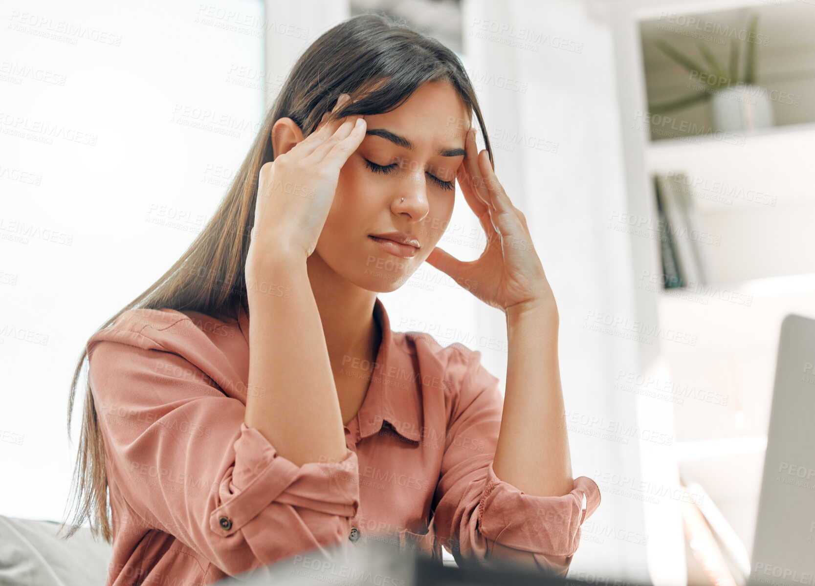 Buy stock photo Woman, headache and pain in home or mental health struggle with stress fatigue, brain fog or migraine. Female person, hands and vertigo anxiety in lounge and overworked crisis with burnout or flu