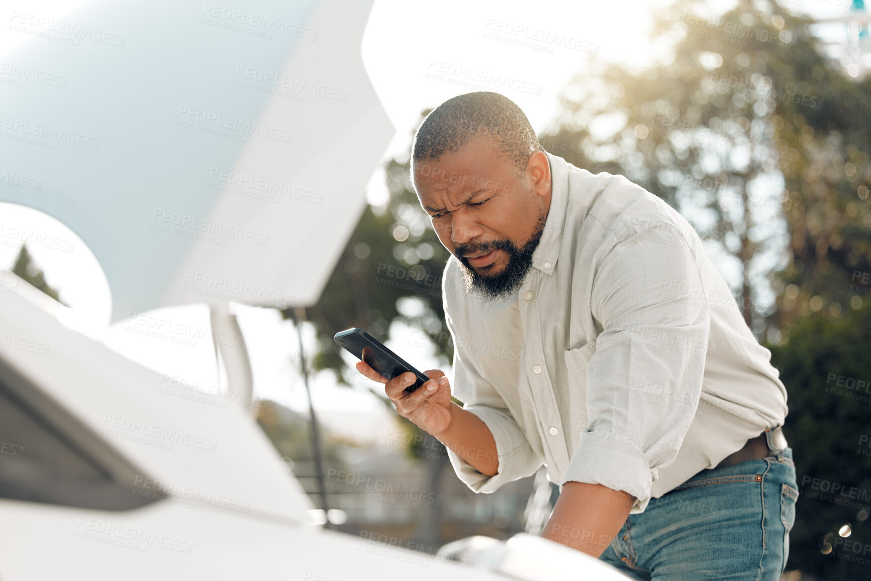 Buy stock photo Engine, car trouble and phone call with black man, mobile and transport for emergency, repair and help. Male person, auto breakdown with stress, driver and travel in outdoor for roadside assistance