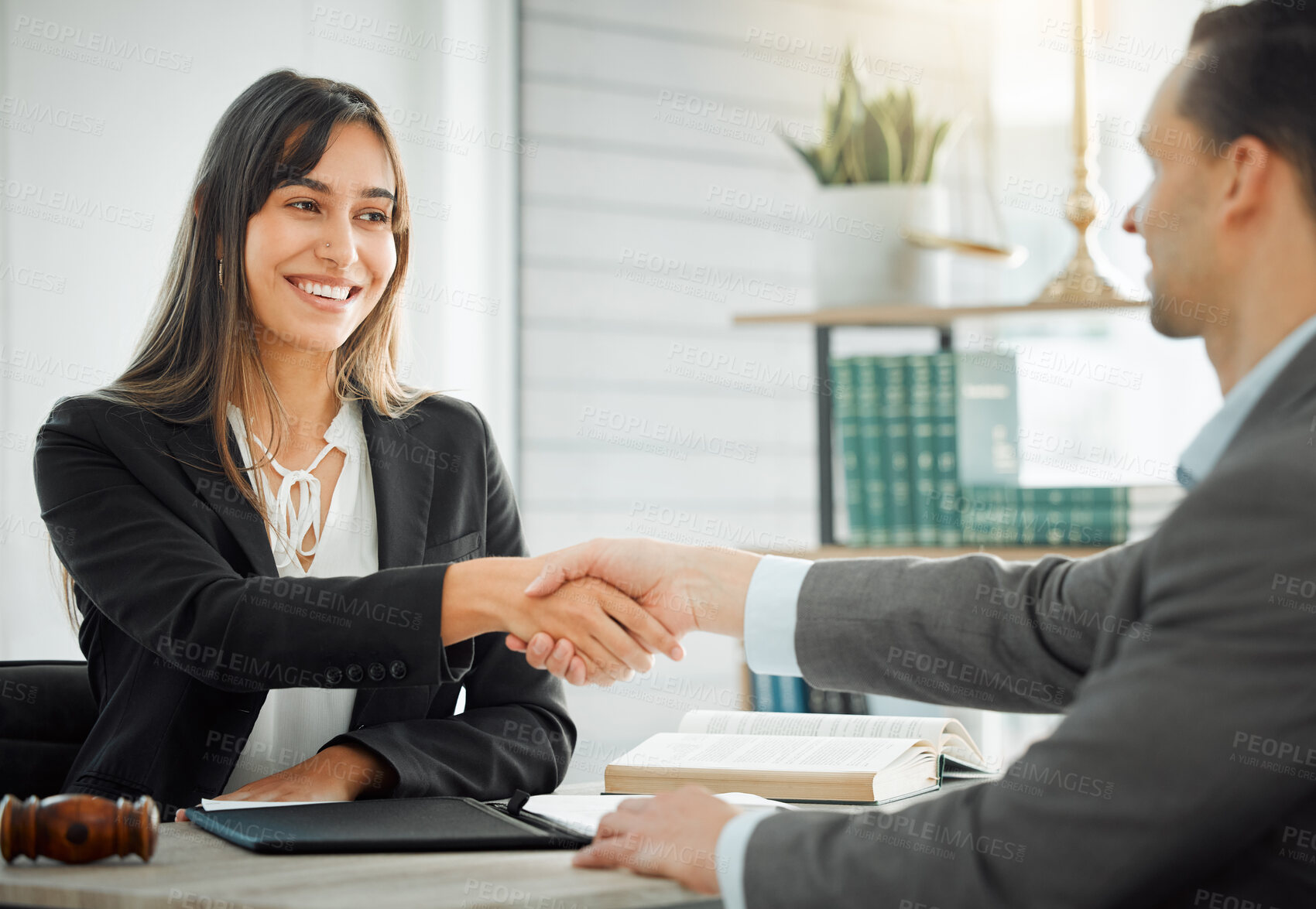 Buy stock photo Business people, man and woman with handshake, lawyer and client with deal, contract and partnership. Office, interview or thank you with attorney, legal aid and shaking hand for promotion or welcome