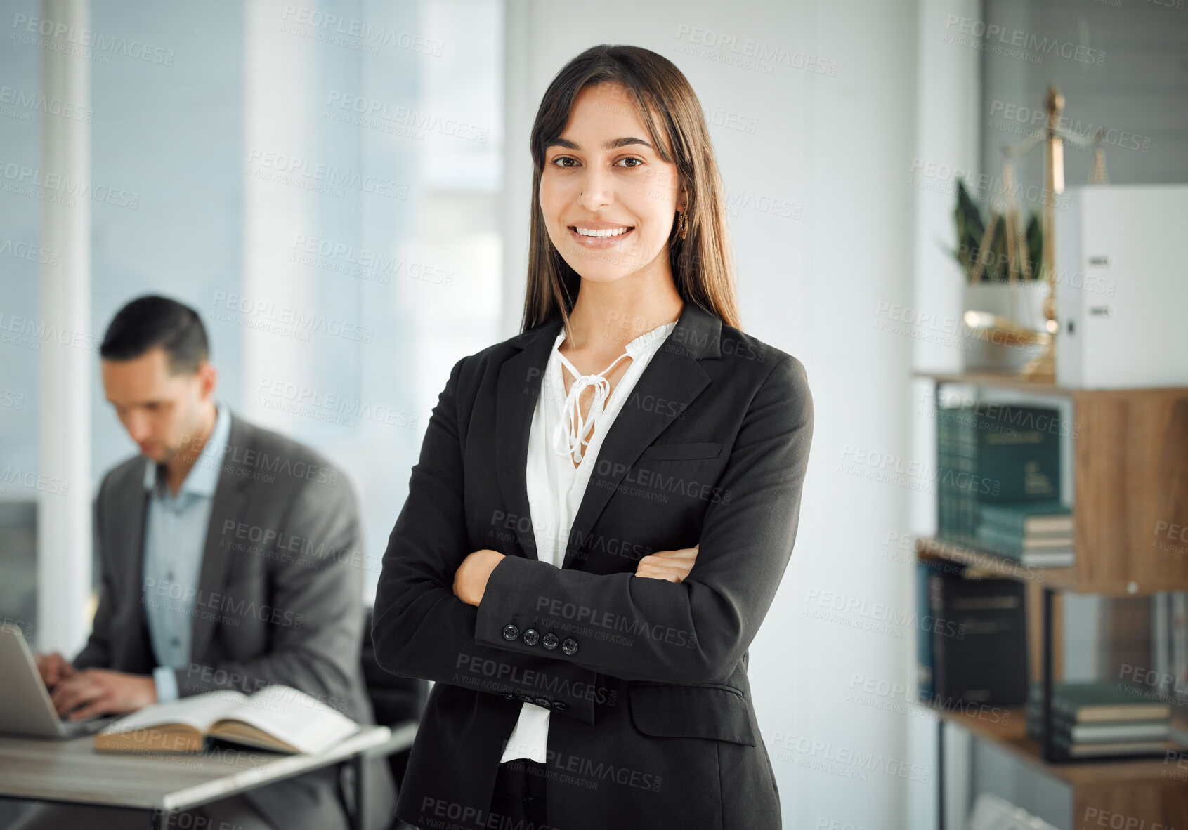 Buy stock photo Arms crossed, portrait and smile of lawyer woman in office of law firm for legal council or representation. Justice, pride and service with confident or happy attorney in workplace for counsel