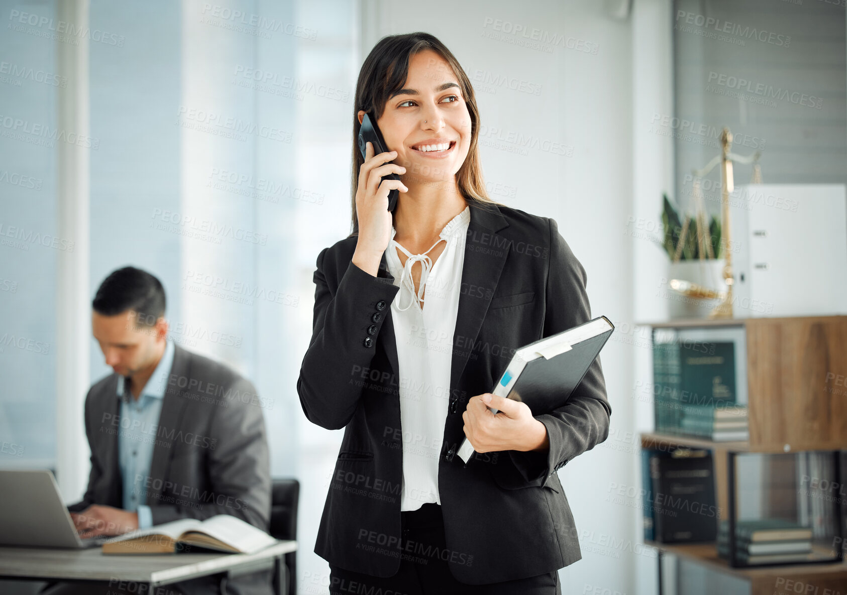 Buy stock photo Business woman, talking and phone call for lawyer networking about labor law case in office, Thinking, smile and corporate attorney with legal consultation with communication and expert advice