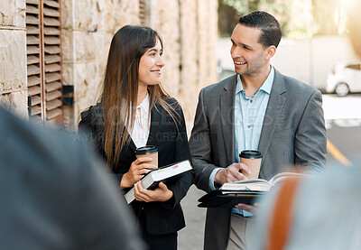 Buy stock photo Happy, business people and lawyers on coffee break, walk and conversation for collaboration as colleagues. Workers, smile and confident as group for teamwork as employee or professional for law firm