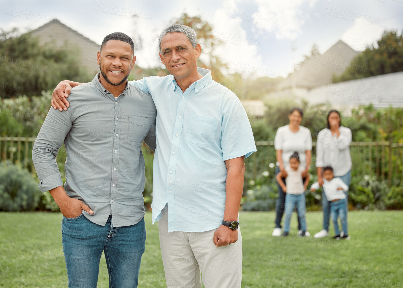 Buy stock photo Mature father, son and happy in garden at home with visit for bonding, care and support. People, family and parent on portrait with smile in backyard on break for trust, love and relax or chill