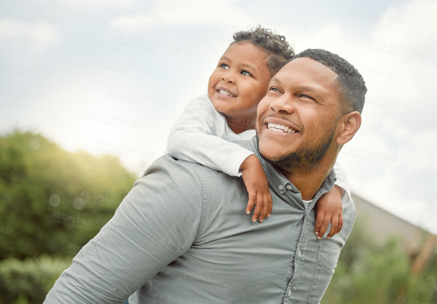 Buy stock photo Dad, boy and happy in garden with piggyback at home with fun for bonding, support and care in Brazil. People, parent and kid with smile in backyard for parenthood on break for fun, relax and chill