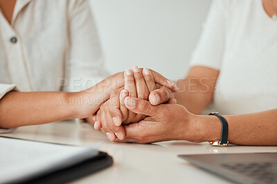 Buy stock photo Support, closeup with people holding hands and sitting at their home for counseling or therapy. Consulting or empathy, love or care and women hold hand together for compassion or help at their house