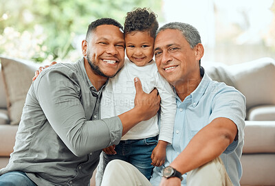 Buy stock photo Grandfather, father and boy with portrait by sofa for relax on weekend break with love, affection or embrace. Generations, male people and hug together on floor for bonding in family home and support