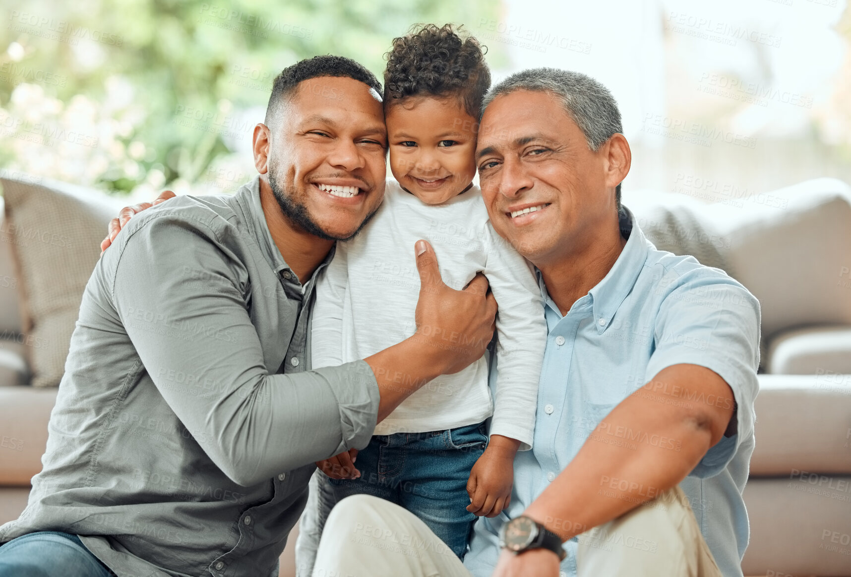 Buy stock photo Grandfather, father and boy with portrait by sofa for relax on weekend break with love, affection or embrace. Generations, male people and hug together on floor for bonding in family home and support