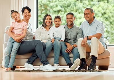 Buy stock photo Family in portrait, grandparents and parents with kids relax on sofa with smile, generations and bonding at home. Support, trust and love with care, people are happy together in living room