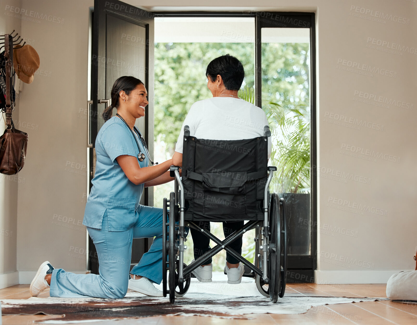 Buy stock photo Door, nurse and wheelchair for senior woman with a disability in retirement home for assisted living and care. Caregiver, old person and doorway for leaving outdoor with mobility support and happy.