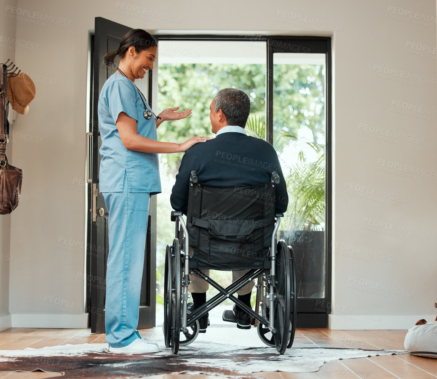 Buy stock photo Door, nurse and senior man in wheelchair with a disability in retirement home for assisted living and care. Caregiver, elderly person and doorway for leaving to park with mobility support and happy.