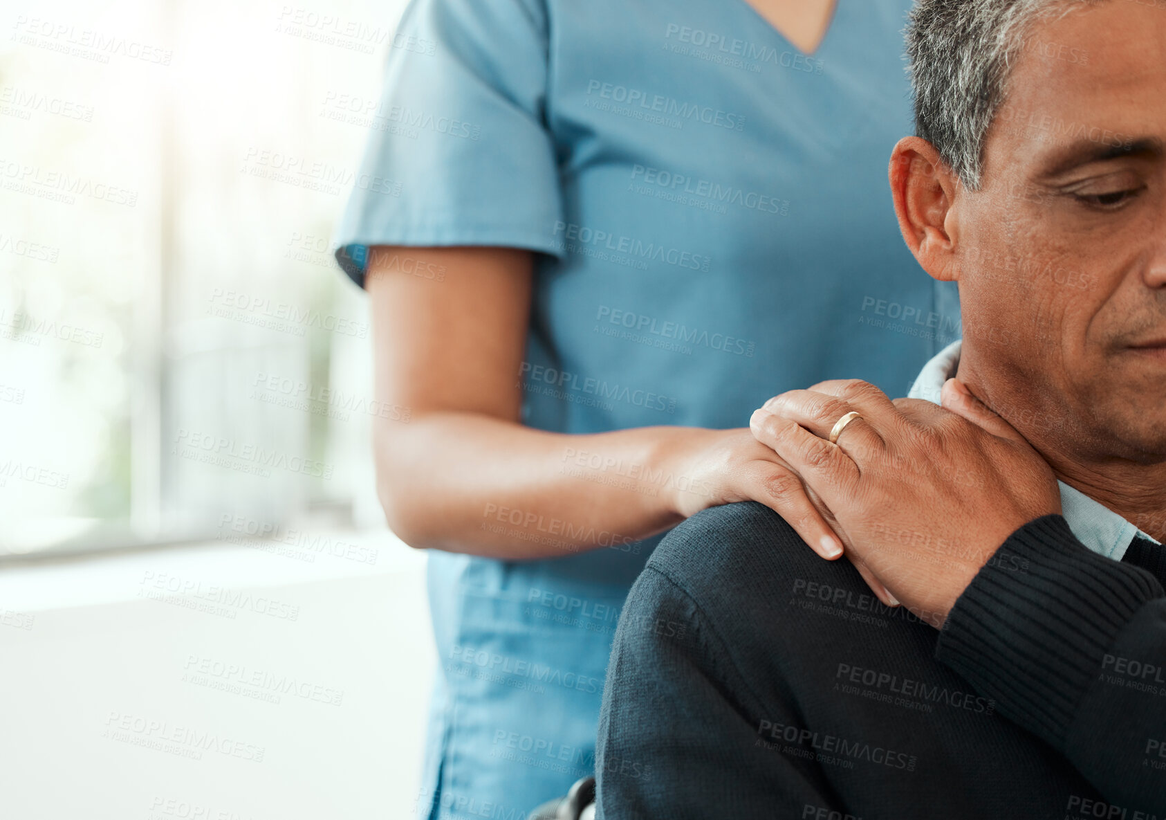 Buy stock photo Nurse, senior and man with hand on shoulder for support in retirement home, kindness and trust for assisted living. Closeup, caregiver and elderly person with gesture of comfort and empathy in house.