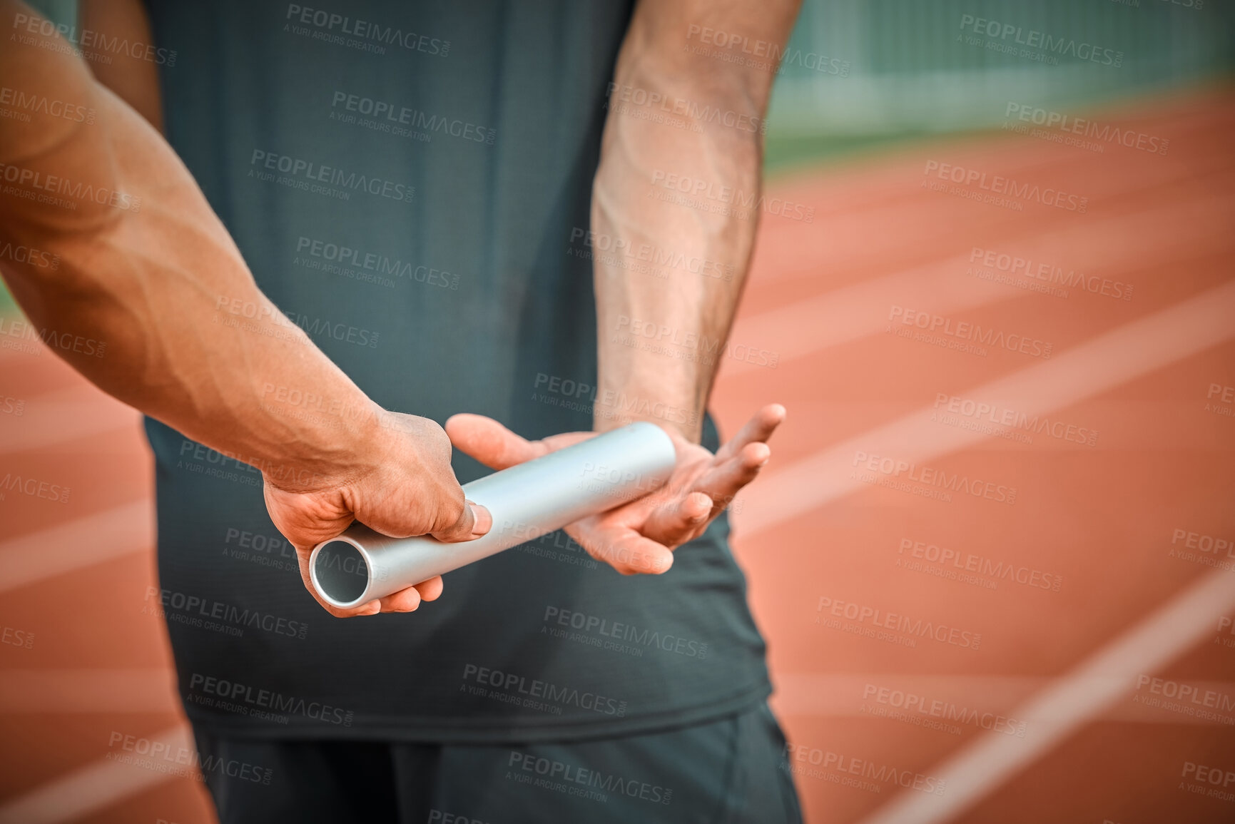 Buy stock photo Baton, fitness and athletes on track for race in stadium for running relay marathon in competition. Hands, sprint and people passing stick for team cardio exercise, workout or training in sport arena