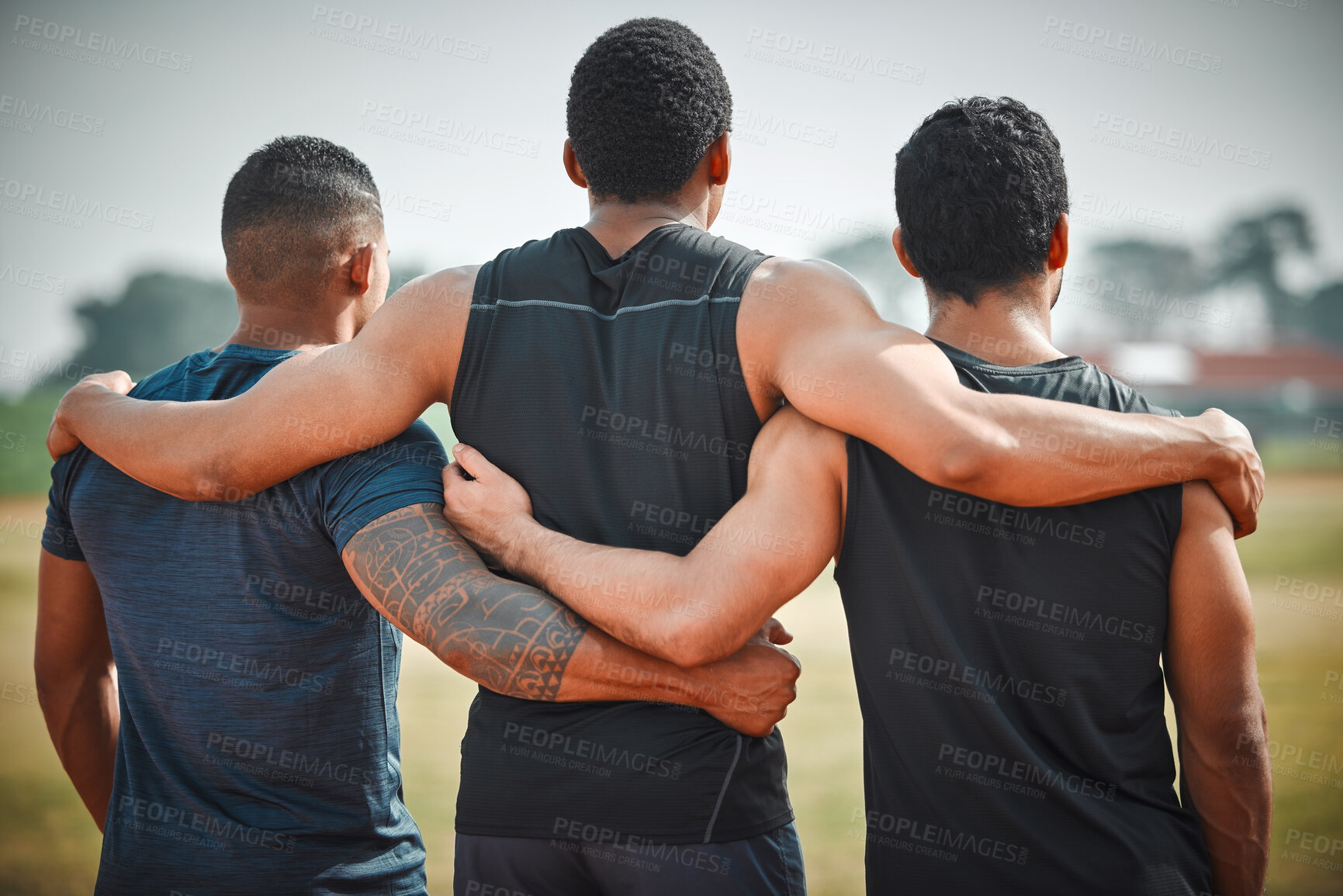 Buy stock photo Back, group hug and athlete men with teamwork outdoor for running, sports or workout. Collaboration, hugging and rear view of people, friends and runners for fitness, support and exercise together.