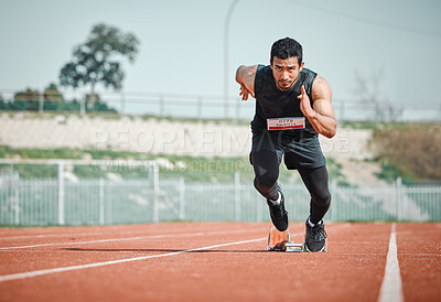 Buy stock photo Stadium focus, man running and athlete on a runner and arena track for sprint race training. Fast, run and sports exercise of a male person in marathon for fitness and cardio workout outdoor 