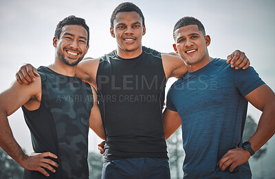 Buy stock photo Portrait, team smile and athlete men outdoor with teamwork for running, sports or workout. Nature, fitness group and face of people, friends and runners with support, solidarity and collaboration.
