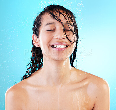 Buy stock photo Happy, woman and relax in shower with hair care and cleaning benefits on studio background. Girl, bath and water splash face for skincare and healthy hygiene routine for wellness and natural beauty