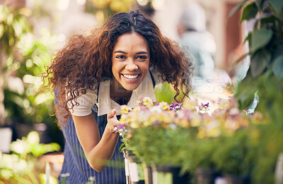 Buy stock photo Woman, happy and florist business or portrait, botanical and sustainable startup with employee and nature plants. Smile, growth and eco friendly gardener, flower nursery and commercial gardening