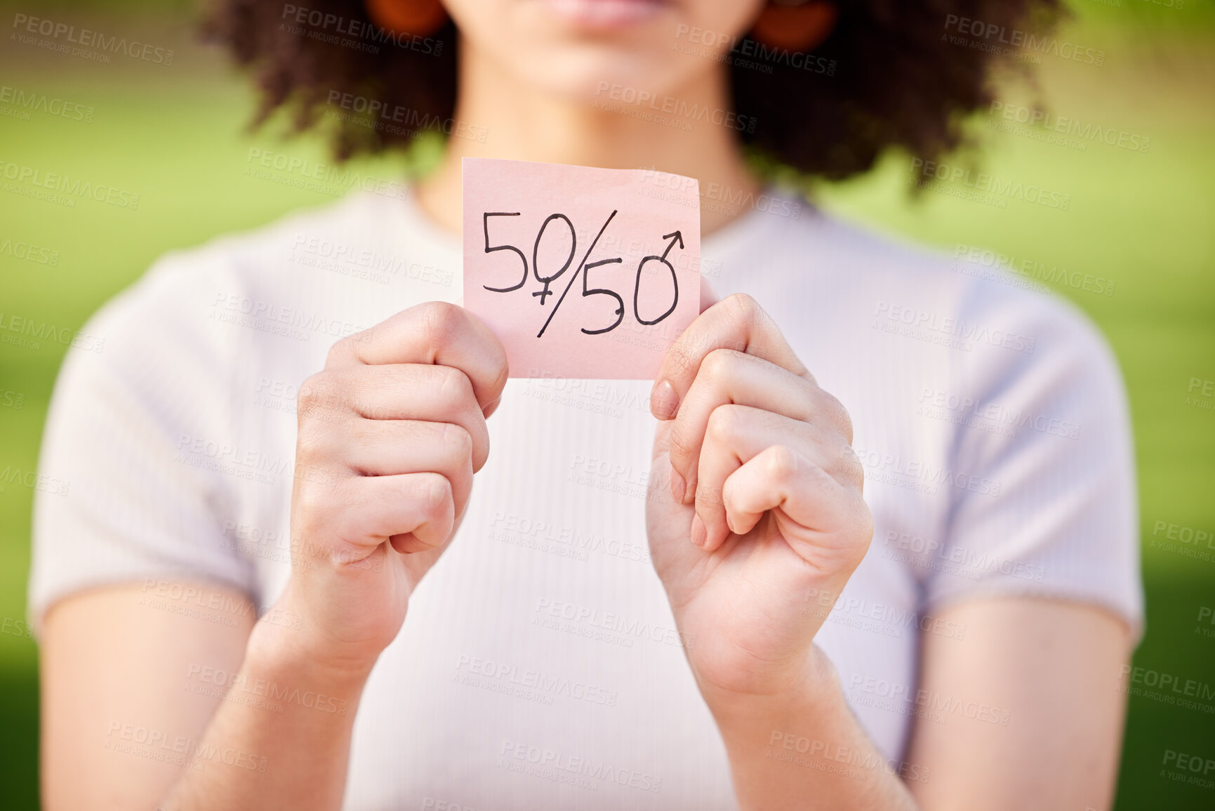 Buy stock photo Woman, law and paper for outdoor protest on gender equality, equal pay or fair opportunity. Feminism, placard and hand of female person for unfair financial compensation, income bias or sexism