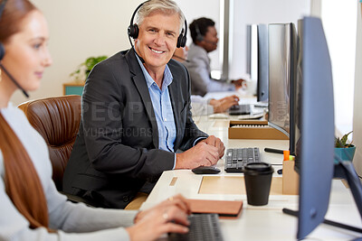 Buy stock photo Portrait, man and call centre with headphones in office as advisor for customer service or help. Happy, male person and telemarketing for communication with client for sales or support at company