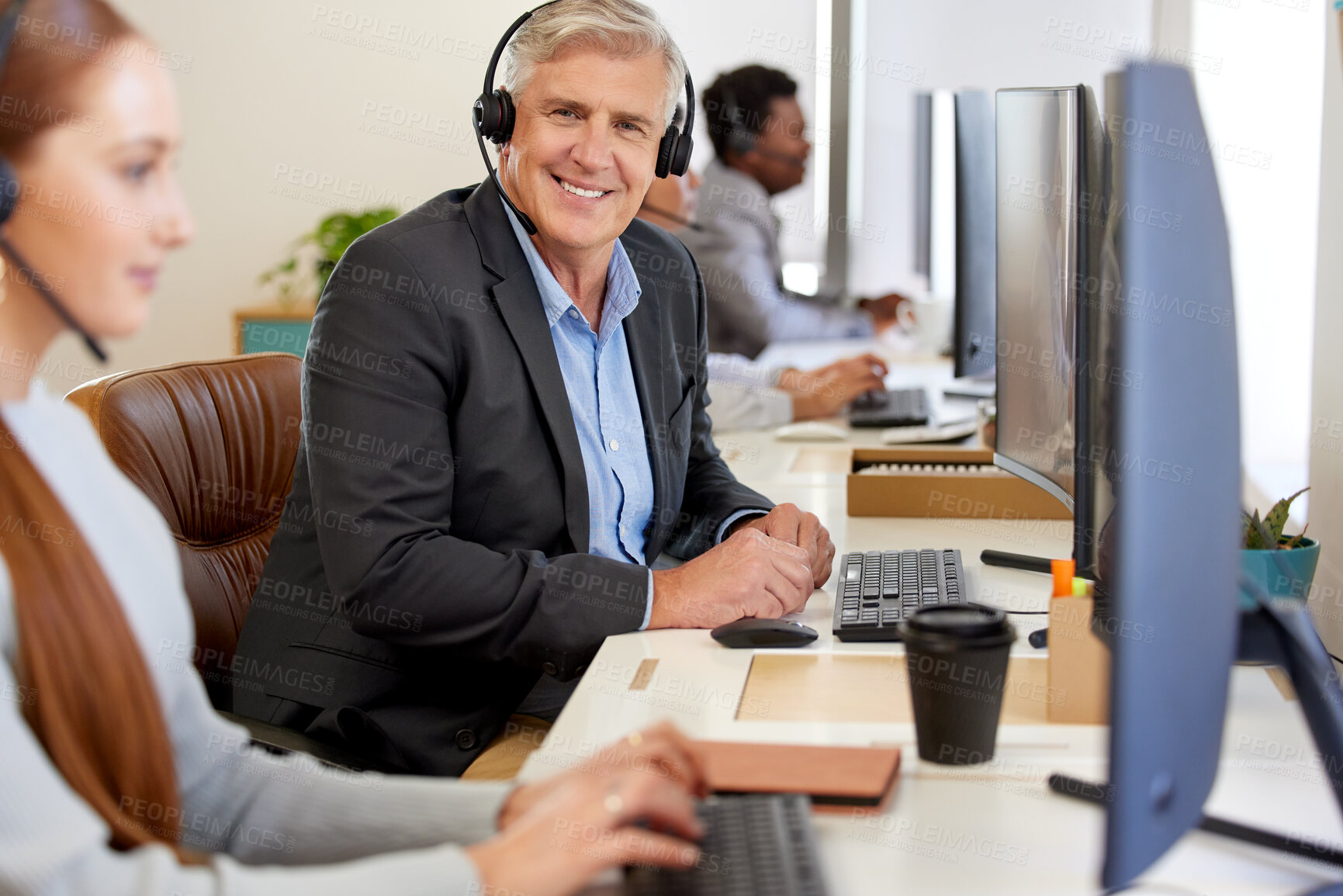 Buy stock photo Portrait, man and call centre with headphones in office as advisor for customer service or help. Happy, male person and telemarketing for communication with client for sales or support at company