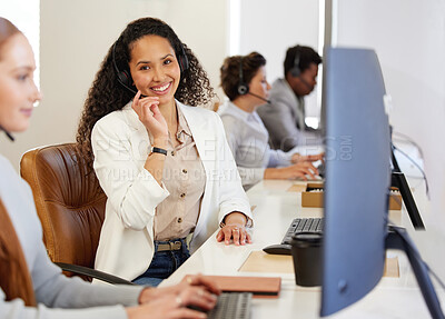 Buy stock photo Portrait, woman and headphone with smile in working for call center or customer care in office with coworkers. Female person, consultant and agent for telecommunication, company and workplace or job