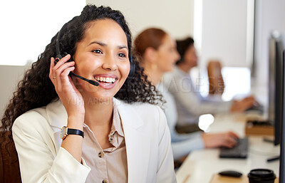 Buy stock photo Call center, agent and woman with telemarketing, smile and friendly with tech support, professional and advice. Staff, female person or happy employee with headphones, customer service and consulting