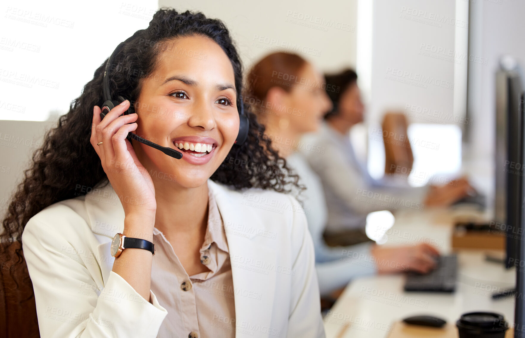 Buy stock photo Call center, agent and woman with telemarketing, smile and friendly with tech support, professional and advice. Staff, female person or happy employee with headphones, customer service and consulting