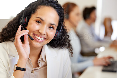 Buy stock photo Business woman, call center and portrait with a smile of phone consultation and web support. Consulting, happiness and office of a customer service, contact us and telemarketing employee at company