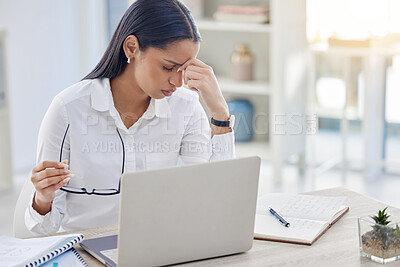 Buy stock photo Headache, laptop and business woman with glasses in office for editing report, burnout or project deadline. Fatigue, stress and tired journalist, editor or female employee at desk for news agency