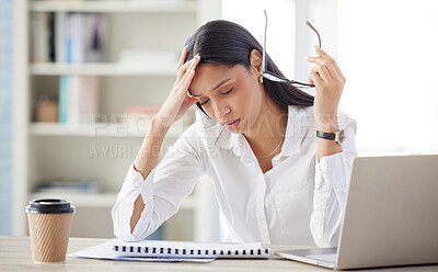 Buy stock photo Fatigue, bored and businesswoman with glasses in office for editing report, burnout or project deadline. Tired, stress and corporate journalist, editor or employee with coffee at desk for news agency