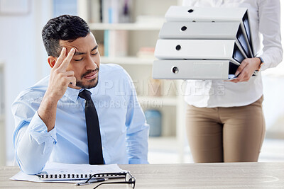 Buy stock photo Tired, stack of files and businessman with headache in office for editing report, burnout or project deadline. Fatigue, stress and paperwork with employee for exhausted, overwhelmed or frustrated