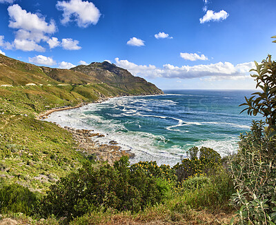 Buy stock photo A photo mountains, coast and ocean from Shapmanns Peak, with Hout Bay in the background. Close to Cape Town