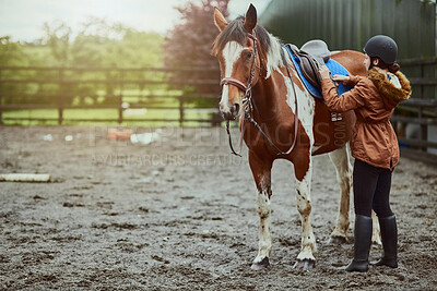 Buy stock photo Shot of a teenage girl preparing to ride her pony on a farm