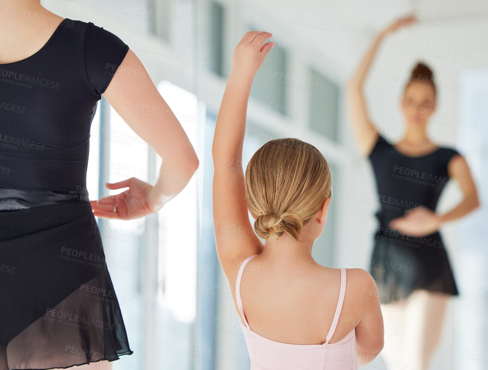 Buy stock photo Woman, girl and ballet in mirror at studio, lesson or club for learning, stretching and back at training. Teacher, student and fourth position with help, guide and support for talent at dance school