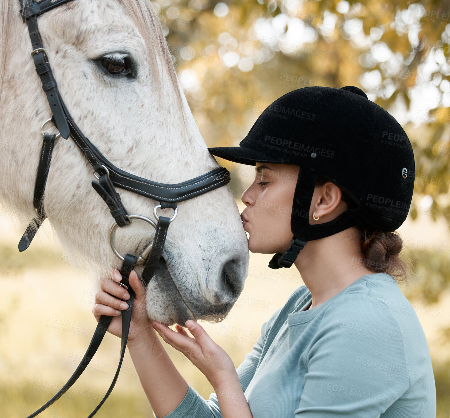 Buy stock photo Equestrian, horse riding and woman jockey kissing animal outdoor on farm for bonding or training. Face, love or relationship with rider and pet in countryside for active hobby, leisure or sports