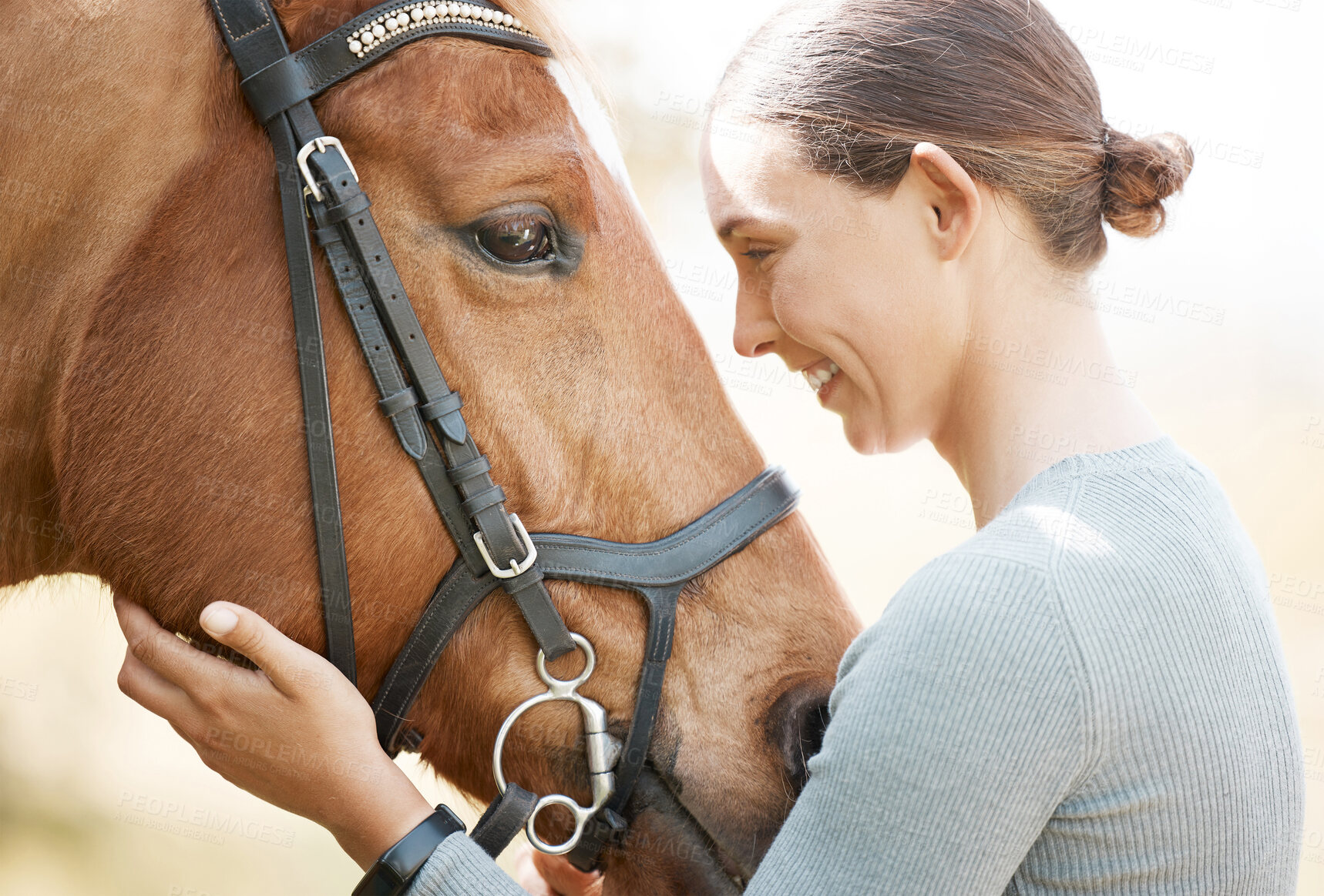 Buy stock photo Woman, holding and horse outside and happy in nature, care and animal lover in countryside for horseriding. Summer, Argentina and holiday with rider, equestrian and female person on ranch or outdoor