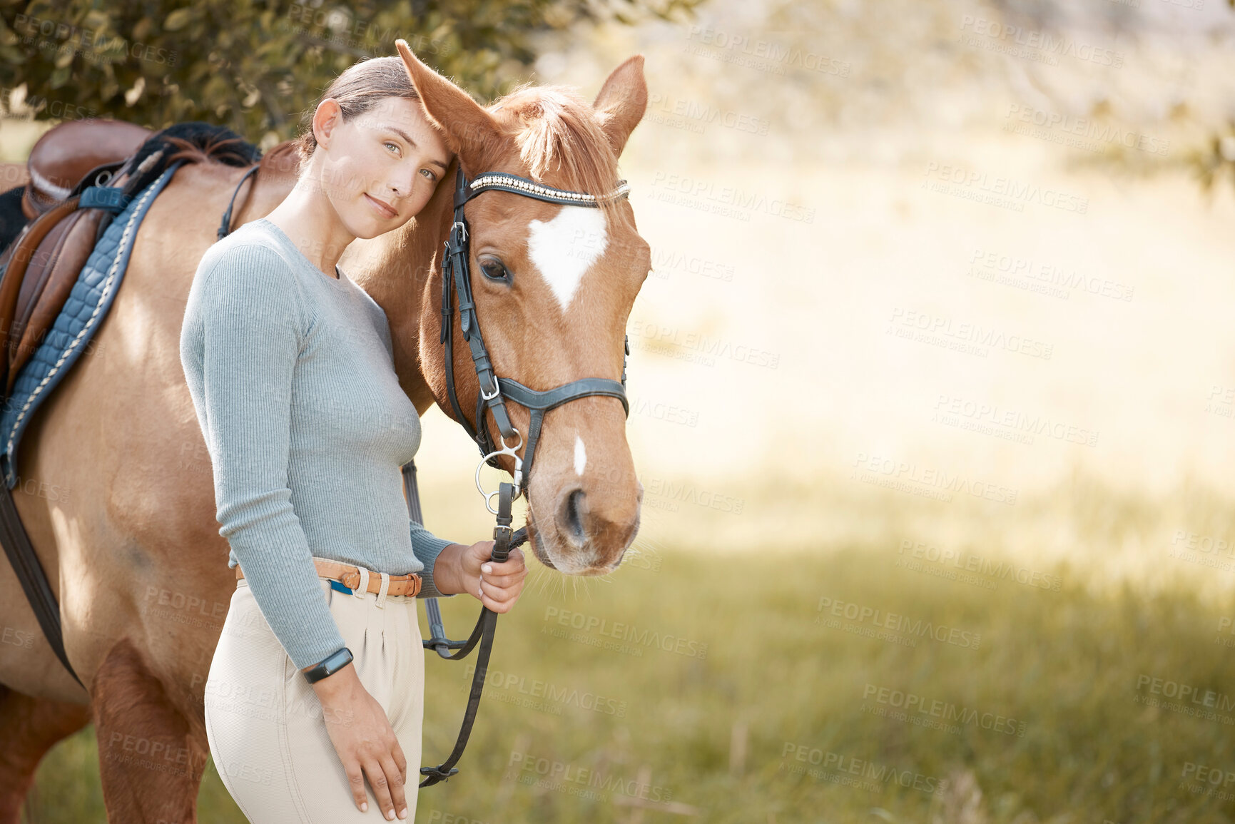 Buy stock photo Woman, nature and portrait with horse rider, equestrian and animal lover with happy smile in countryside for hobby. Recreation, Argentina and female person on ranch, horsemanship on holiday sport