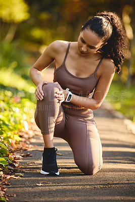 Buy stock photo Fitness, running and woman in park with knee pain, medical emergency and workout on garden path. Outdoor exercise, health and wellness, female runner with hand on leg injury while training in nature.