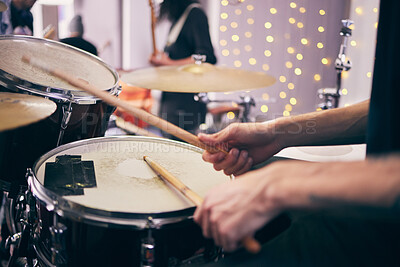 Buy stock photo Drummer and hands at event with drums for band as musician in playing an instrument. Person, party and percussion as creative for entertainment, song or lyrics for online content or live performance