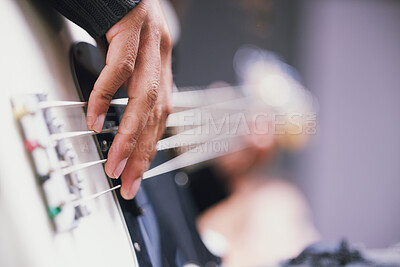 Buy stock photo Hand, bass guitar and music in studio for process, mixing or rehearsal for performance. Person, artist or musician at sound check with audio technology, creativity and art at record label with talent