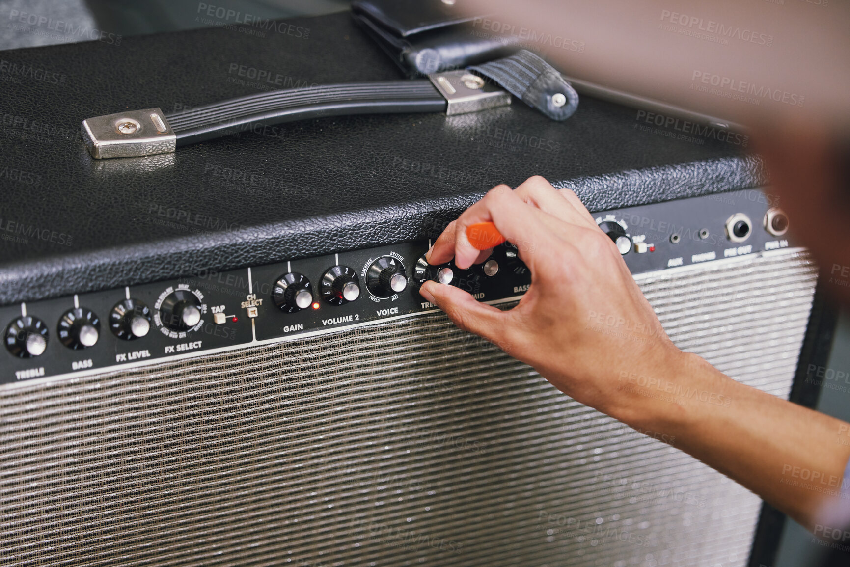 Buy stock photo Hand, dial and amplifier for volume in music studio for process, mixing or connection for speaker system. Sound engineer, person and audio technology for buttons, art and creativity at record label