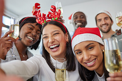 Buy stock photo Christmas, champagne and selfie with business people at party for celebration, teamwork and holiday. Diversity, support and wine with portrait of friends in office for happy, xmas and festive event 