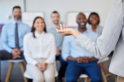 Buy stock photo Hand, business woman and presentation for workshop, employees discussion or coaching. Female leader, marketing and conference room for sales planning, team building or meeting for strategy or seminar