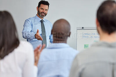 Buy stock photo Businessman, presentation or conference room for leader, workshop or discussion for sales growth, planning or budget. Senior male, entrepreneur or meeting for marketing strategy, training or feedback