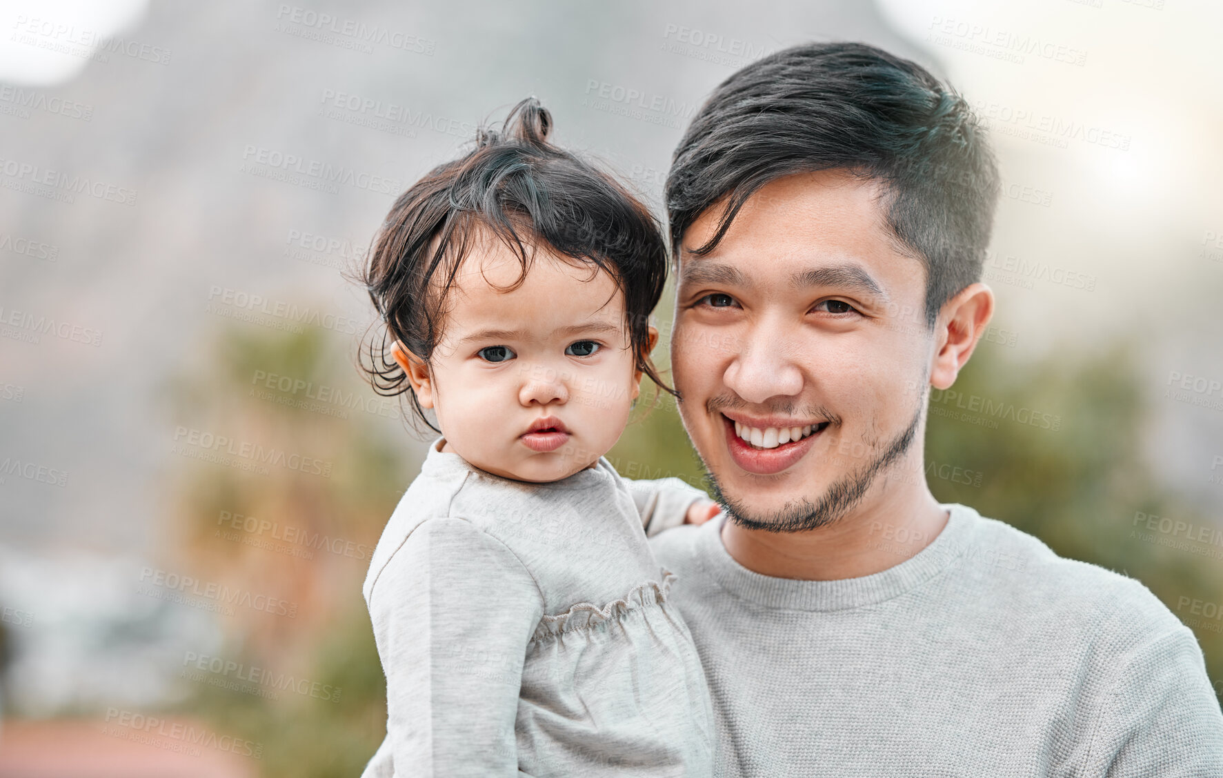 Buy stock photo Asian family, father and baby in portrait outdoor, bonding together and child care with single parent in park. Nature, little girl and proud dad for support, security and hug with daughter with smile