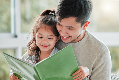 Buy stock photo Girl, father and reading with book and learning at home with happy education and development. Kids story, dad and young child with books and happiness in a family house with bonding and love together